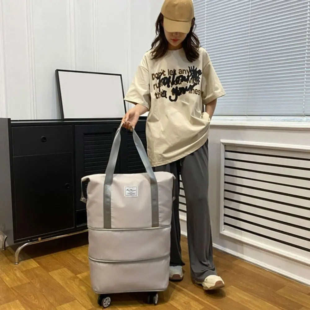 Oxford Cloth Gym Bag with Wheels Sport Dry-Wet Separation Collapsible Travel Tote Bag Expandable Large Capacity