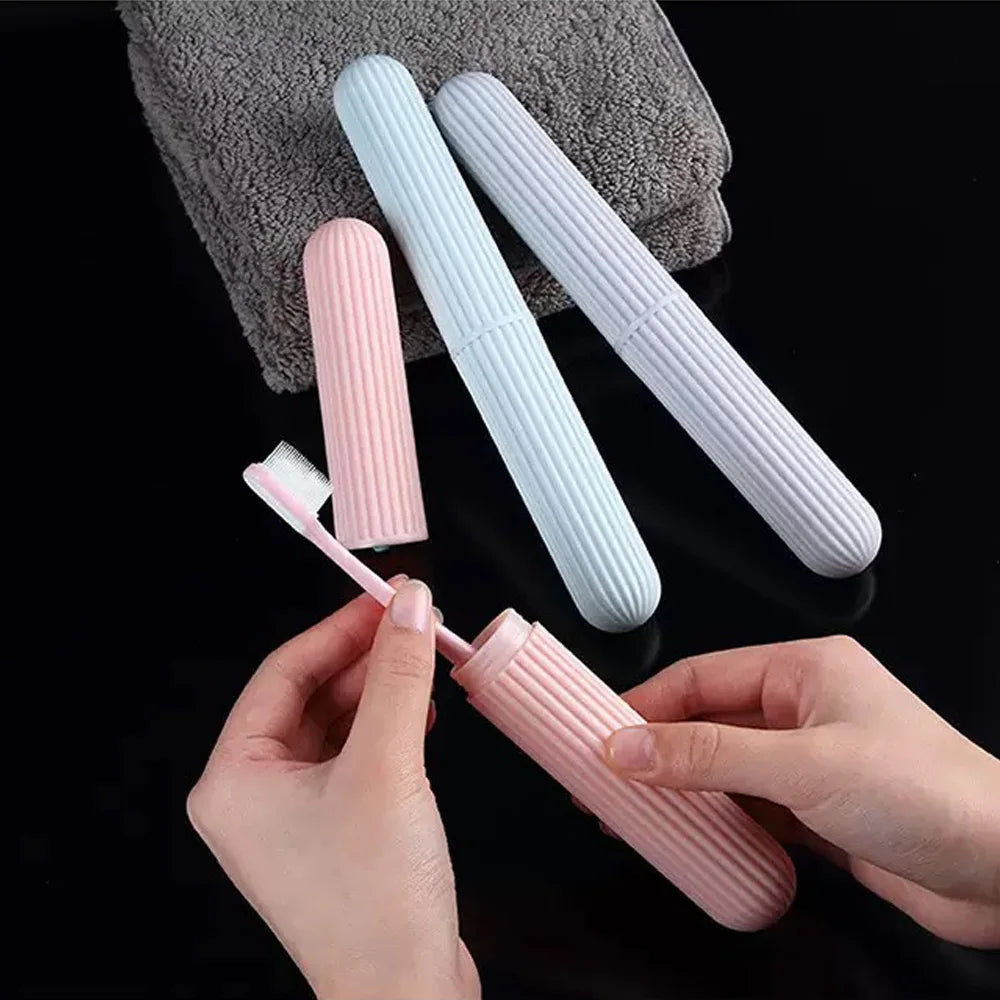 Portable Travel Toothbrush Case - Compact Plastic Holder with Simple Stripes for Bathroom Camping Daily Use