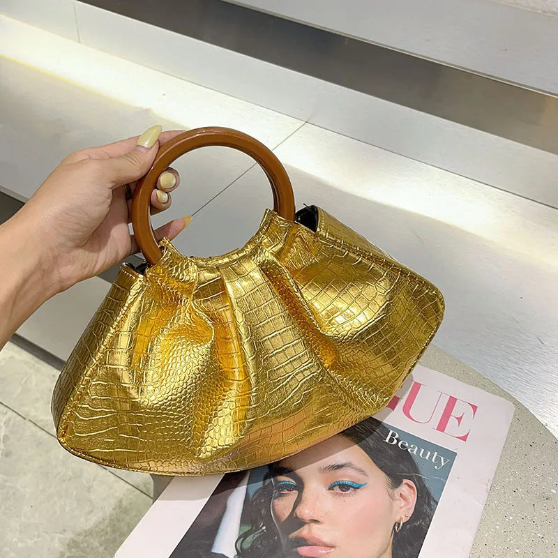 New trendy fashion texture solid color shoulder handbag glossy alligator leather pleated handbag