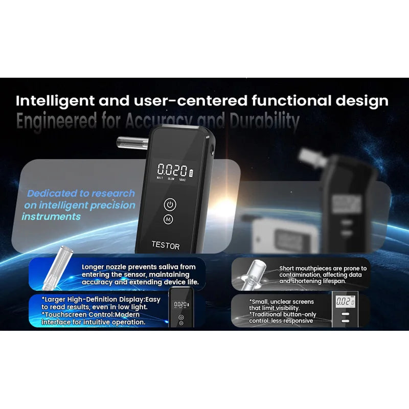 Professional Breathalyzer Alcohol Tester with Digital Display 8 Reusable Mouthpieces for Home Car Use Accurate Portable