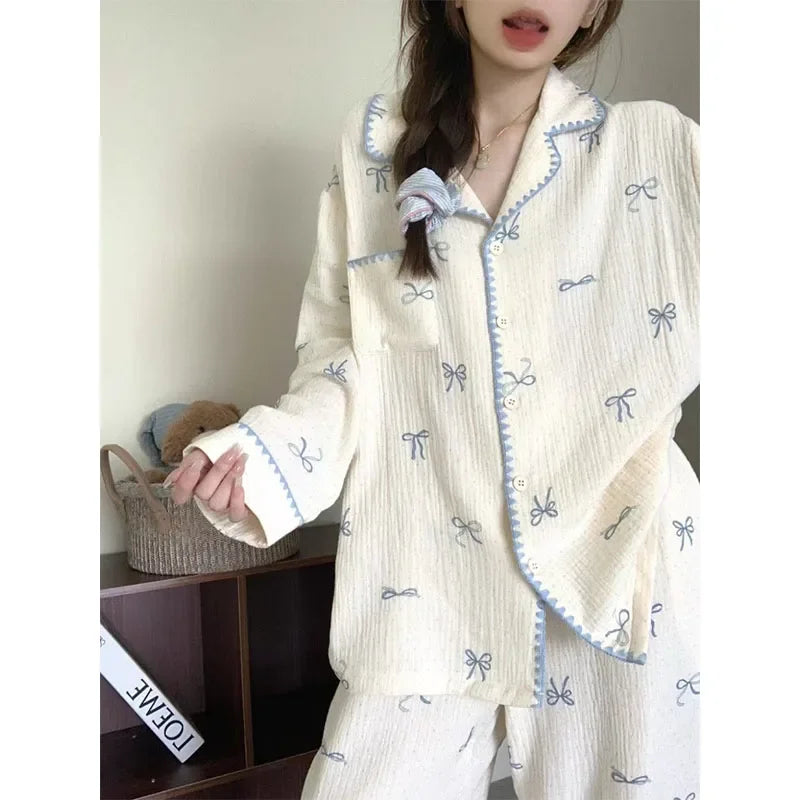 Women's Fashion Cute Plus Size Pajama Sets Comfort Casual Long-Sleeve Cardigan Lapel Top and Long Pants Two-Piece Set Loungewear