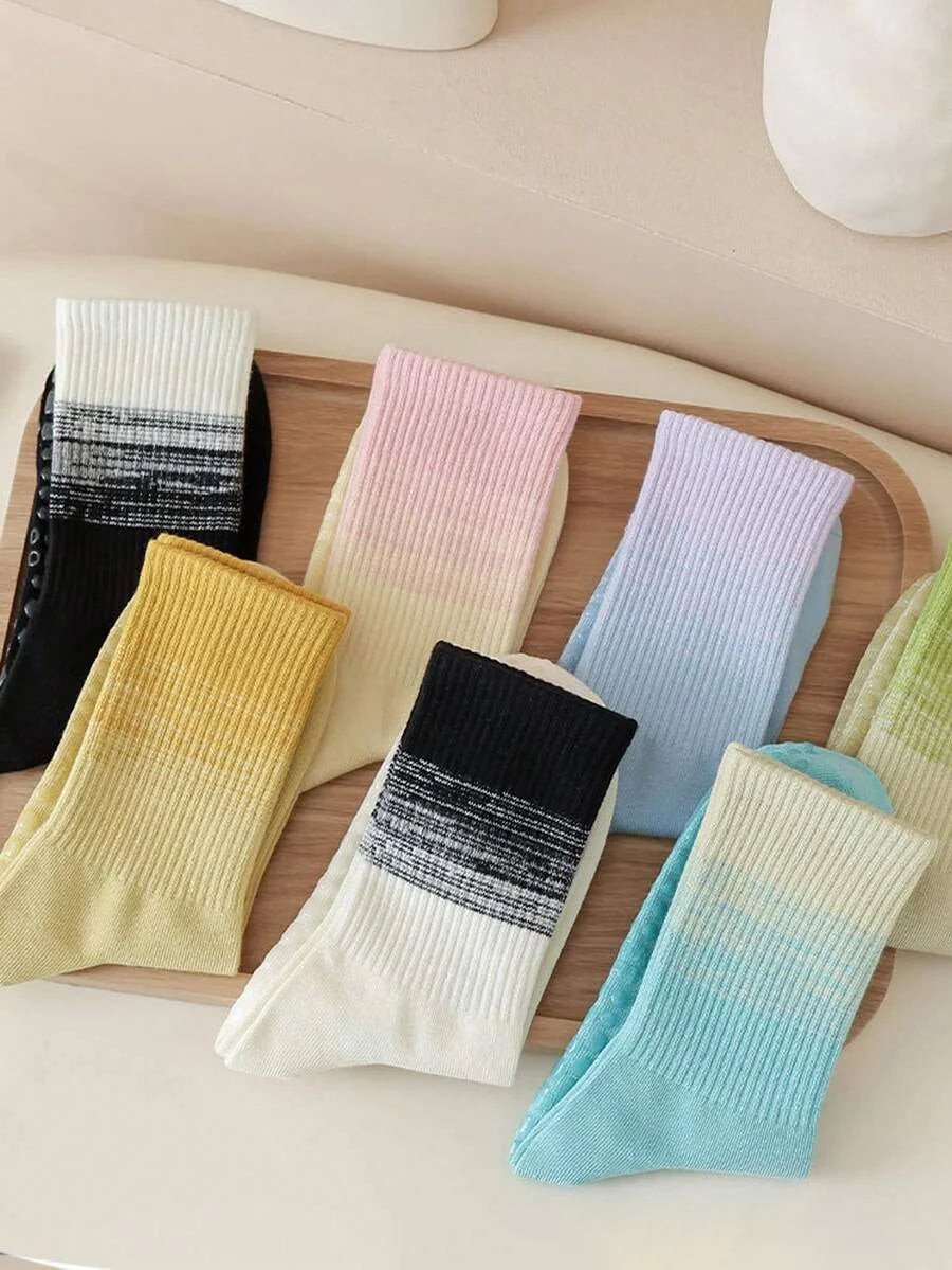1 pair of women's gradient yoga socks, skipping rope sports socks, indoor non slip floor socks, and mid length socks