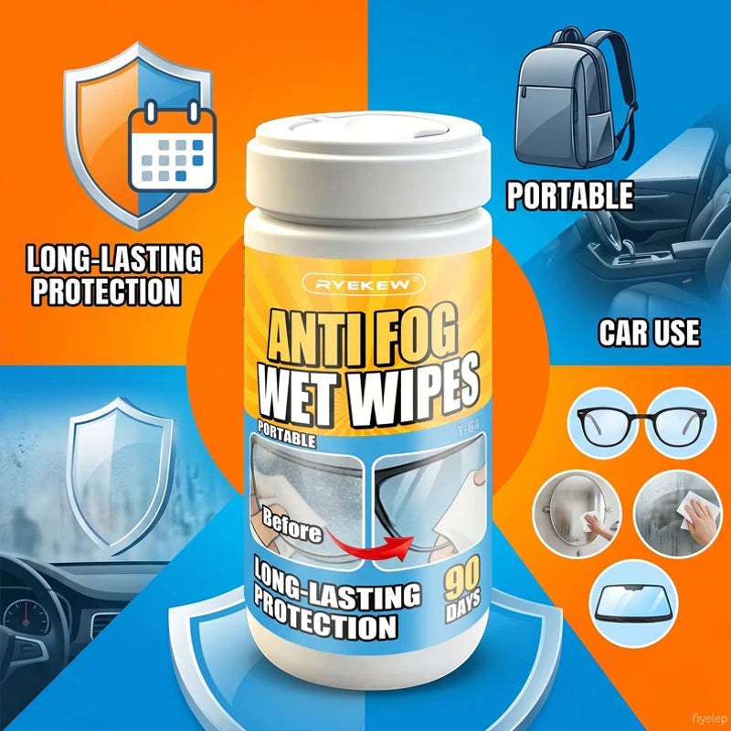 RYEKEW Car Glass & Interior Anti-Fog Wipes — Long-Lasting 90-Day Protection, Clear Visibility, Anti-Fog Cleaning Wipes