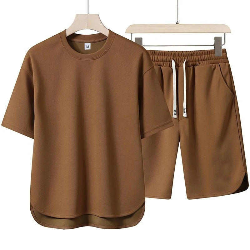 2026 Summer New Men Suit Round Neck Short Sleeve T-shirt+shorts Two Piece Set Loose Outdoor Sports Casual Solid Color Tracksuit