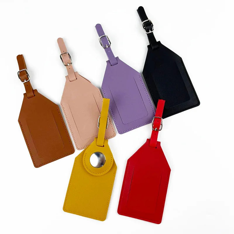 PU Leather Luggage Tag with Tracker Holder Privacy Flap ID Card Window Adjustable Buckle Travel Suitcase Name Label Accessories