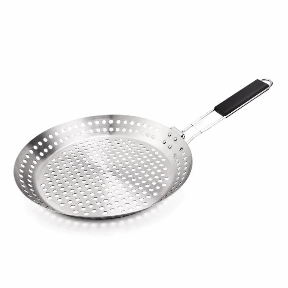 Portable Stainless Steel Vegetable Grill Basket Circular Non Stick BBQ Plate Folding Wood Handle Grill Fry Pan Kitchen Cooking