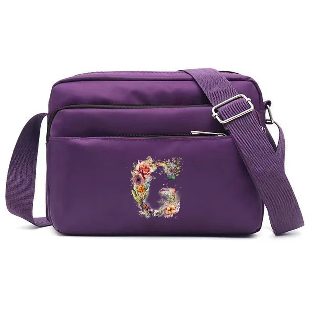 Leisure Purple One Shoulder Crossbody Bag Portable Commuting Large Capacity Floral Letter Series Printing Pattern Storage Bag