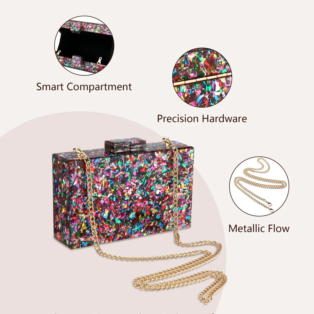 Acrylic Luxury Wedding Chain Handbag Women Box Clutch Evening Bags For Women Multicolor Perspex Geometric Patterns Box Clutch Banquet Evening Crossbody Handbag