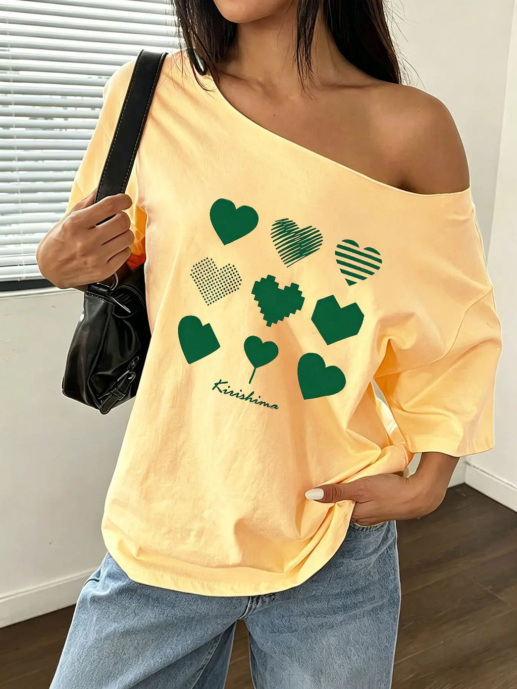 100% Cotton Plus Size Green Heart Pattern Shoulder Loose Print T-Shirt Oversized Y2K Style Graphic Tees Women Tops Summer Off