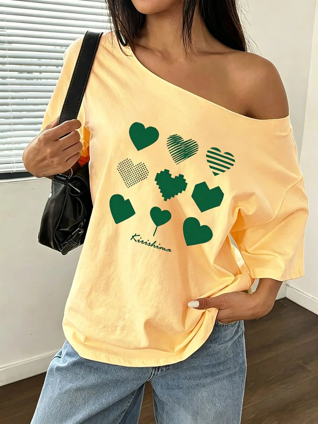 100% Cotton Plus Size Green Heart Pattern Shoulder Loose Print T-Shirt Oversized Y2K Style Graphic Tees Women Tops Summer Off