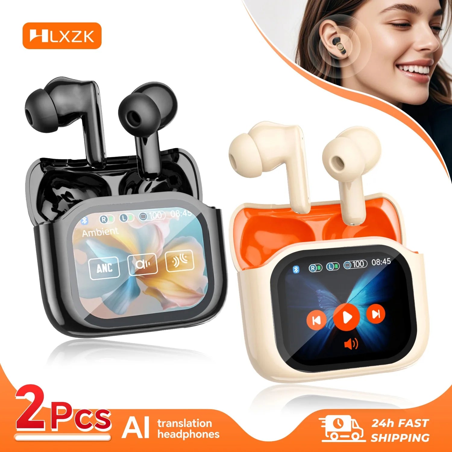 2PCS Touch Screen Translation Headphones 144 Languages Two-Way Real Time Translator Headsets Travel Business Bluetooth Earbuds