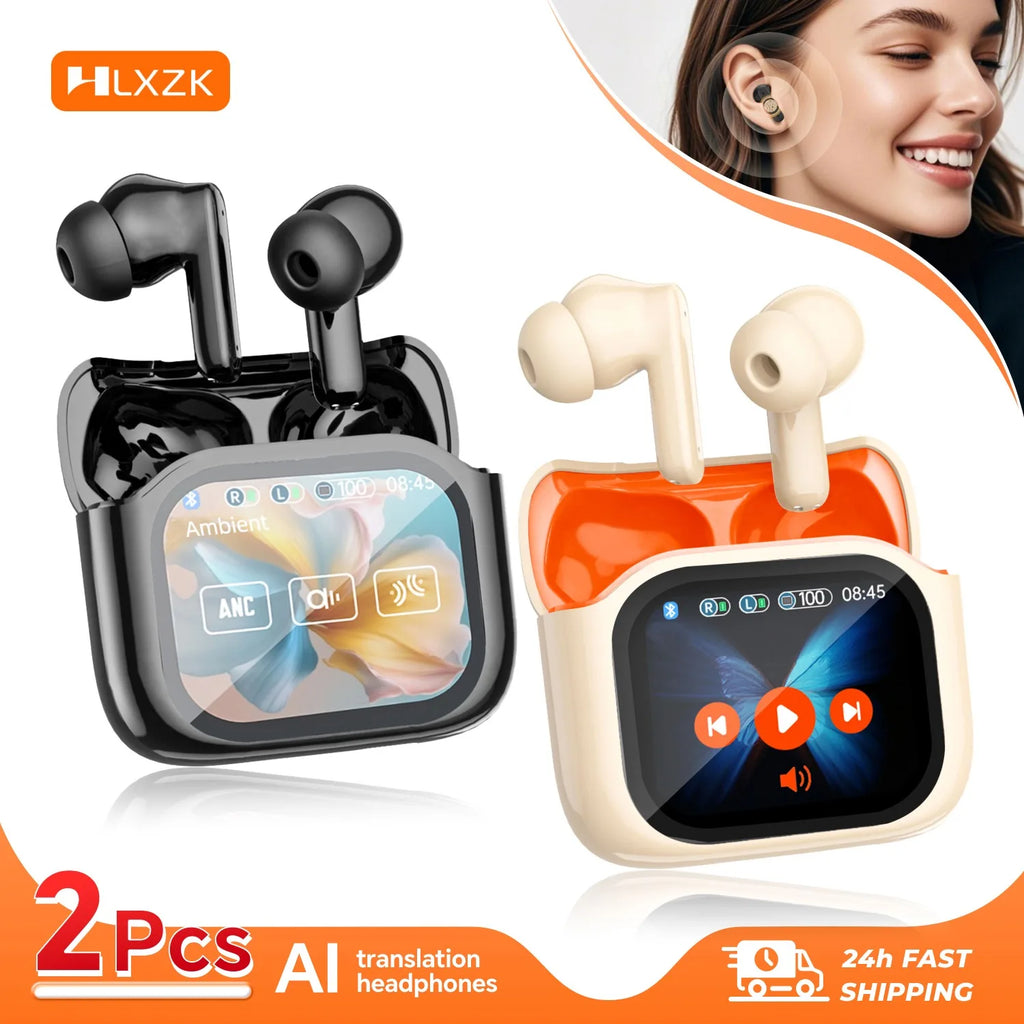 2PCS Touch Screen Translation Headphones 144 Languages Two-Way Real Time Translator Headsets Travel Business Bluetooth Earbuds