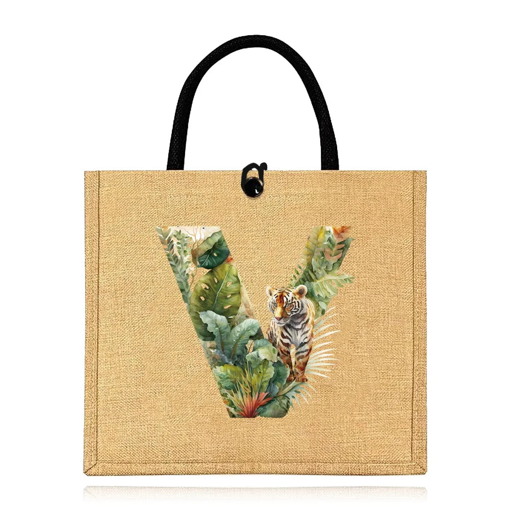 Flax Bag Fastener Handbag Organizer Storage Jute Tote Bags Imitation Cotton Women Valise Portable Jungle Tiger Printing Series