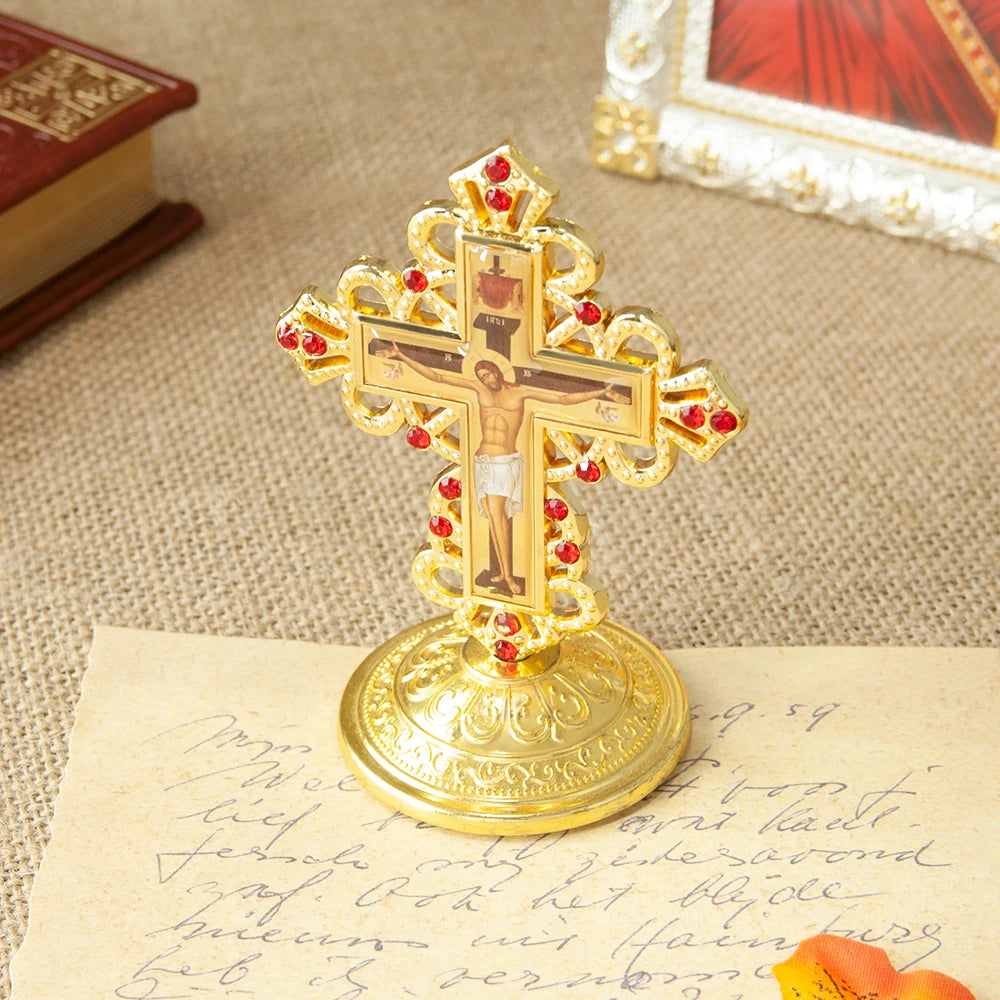 Byzantine Orthodox Standing Crucifix Gold Red Rhinestone Cross Altar Church Home Decor Jesus Icon Religious Christian Gift