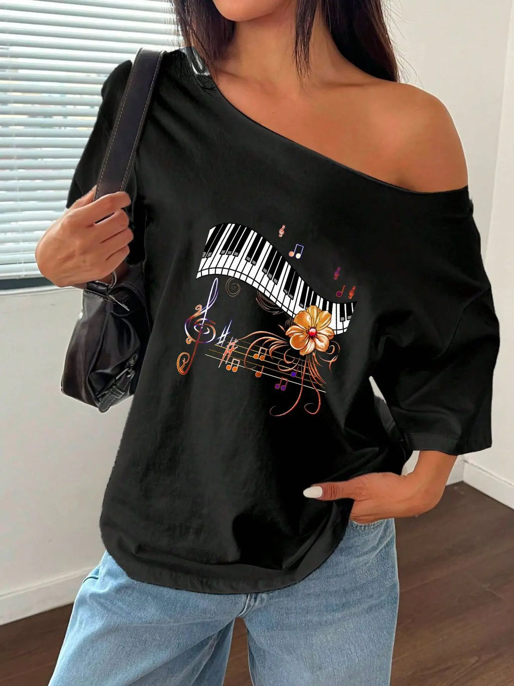 100% Cotton Plus Size Musical Piano Keys Flower Pattern Shoulder Loose Print T-Shirt Oversized Y2K Style Graphic Tees Women T