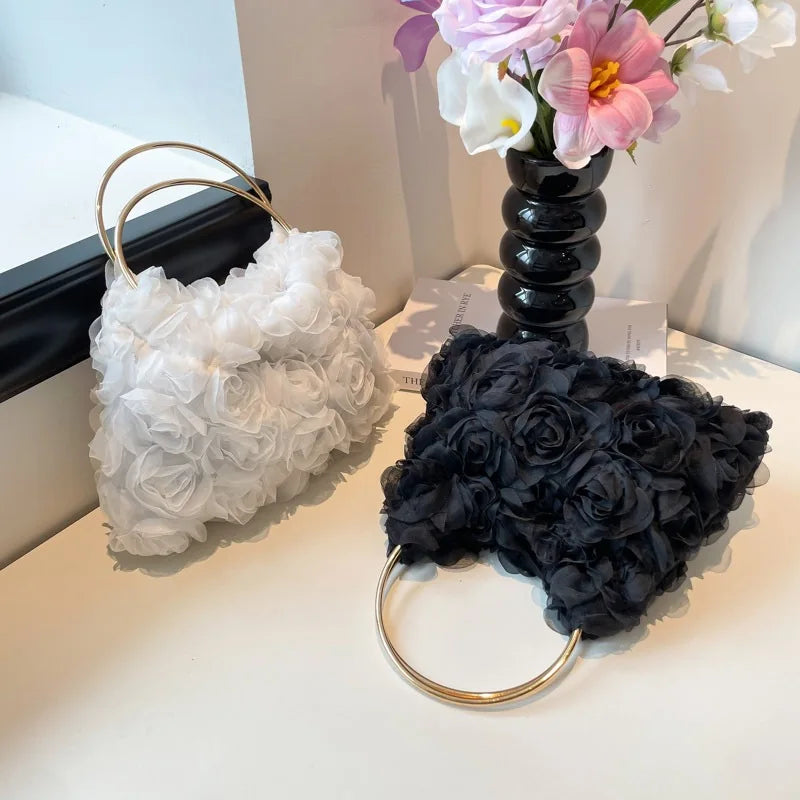 Women Floral Clutch Purses Solid Color Party Prom Purses Luxury Rose Flower Tote Bags for Ladies Satin Clutch for Women's Gifts