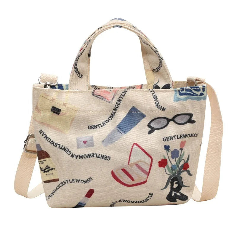 Mini Cute Canvas Crossbody Bag, Kawaii Cartoon Print Tote Shoulder Bag, Women's Fashion Handbags And Purses