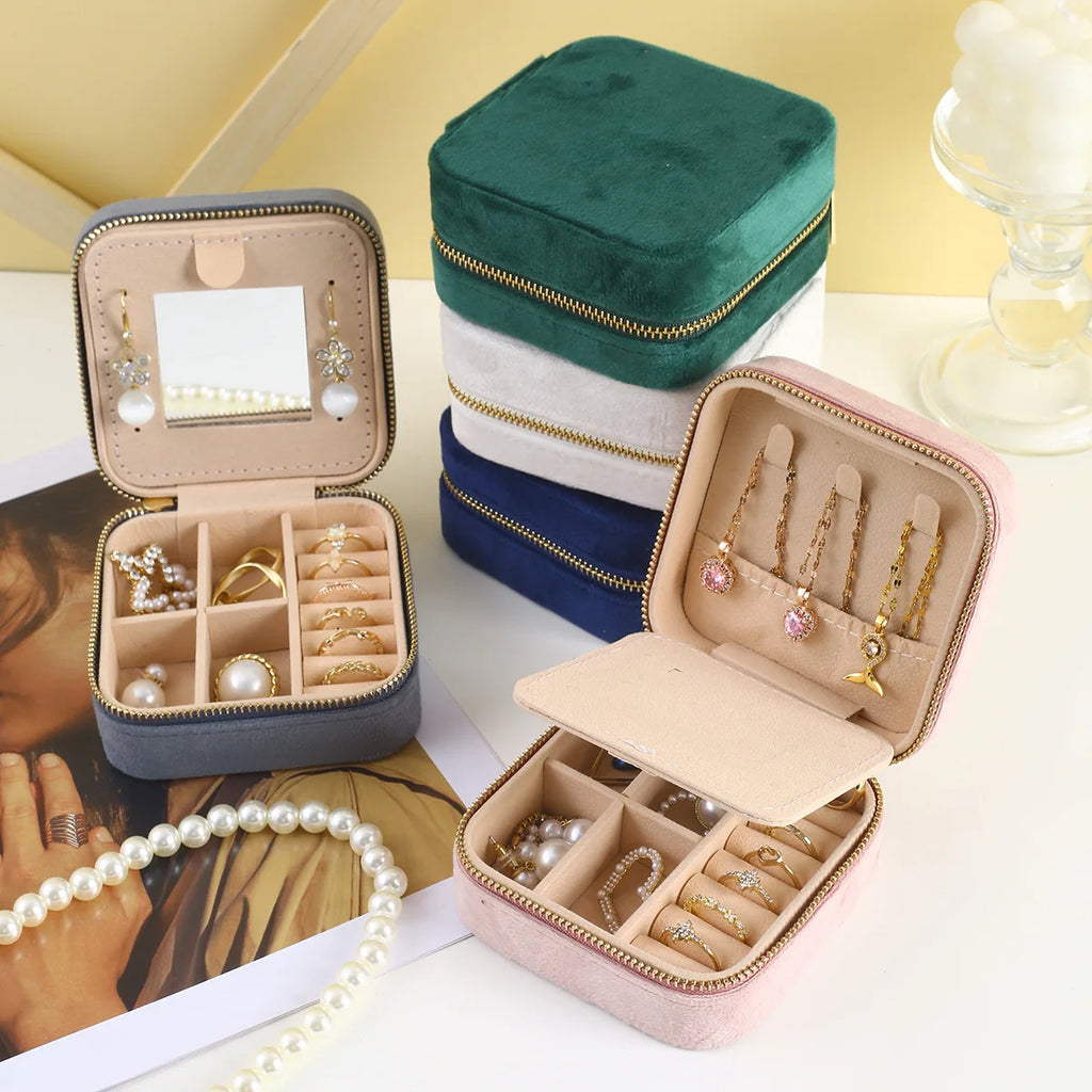 Portable Mini Velvet Travel Jewelry Box,Compact Zippered Organizer with Mirror for Rings Earrings On-the-go,Velvet Jewelry Case