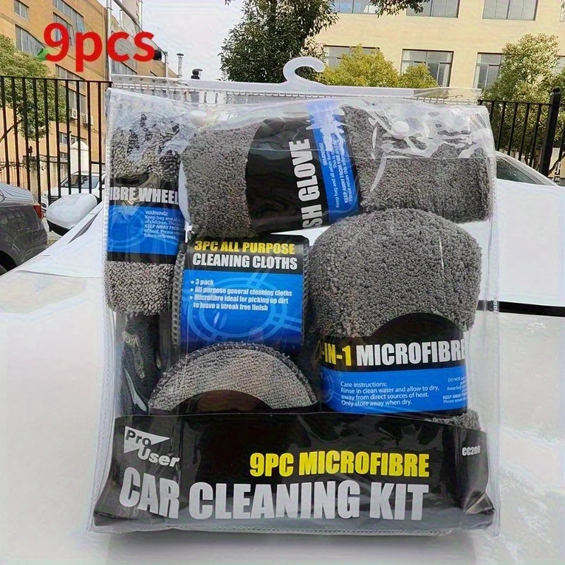 9pcs Ultimate Car Maintenance Kit: Premium Microfiber Towels, Car Wash Gloves, Detail Cloths, Waxing Sponges, and Wheel Brushes