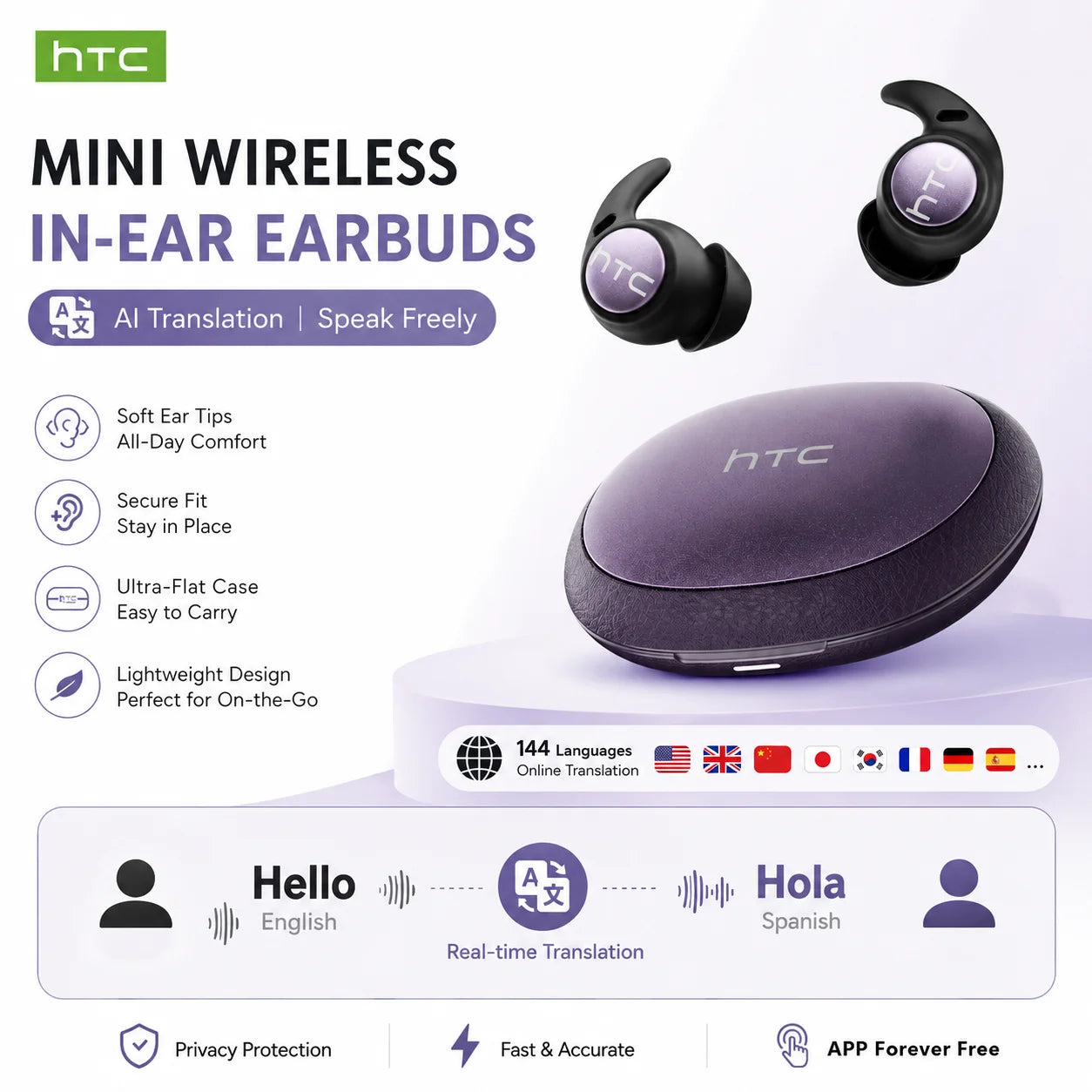 HTC NE76 Bluetooth Earbuds Mini Sleeping Earbuds for Wireless Earphones AI Translator, Noise Reduction Long Battery Headphones