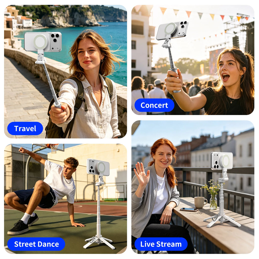 Portable Dual-Sided Magnetic Selfie Stick 25.78‘’Extendable Tripod Phone Stand with Wireless Remote Zoom for Live Streaming Vlog