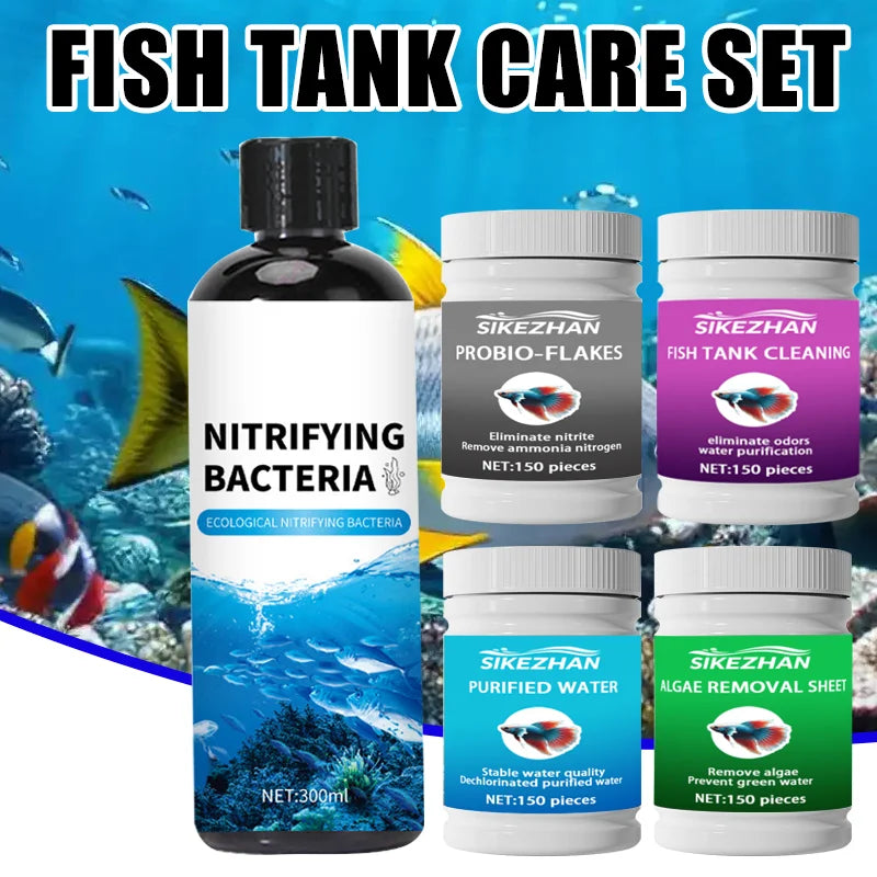 Fish Tank Water Treatment Set: Nitrifying Bacteria Tablets & Liquid, Anti‑Algae Tabs, Odor Remover, Dechlorinator Tablets