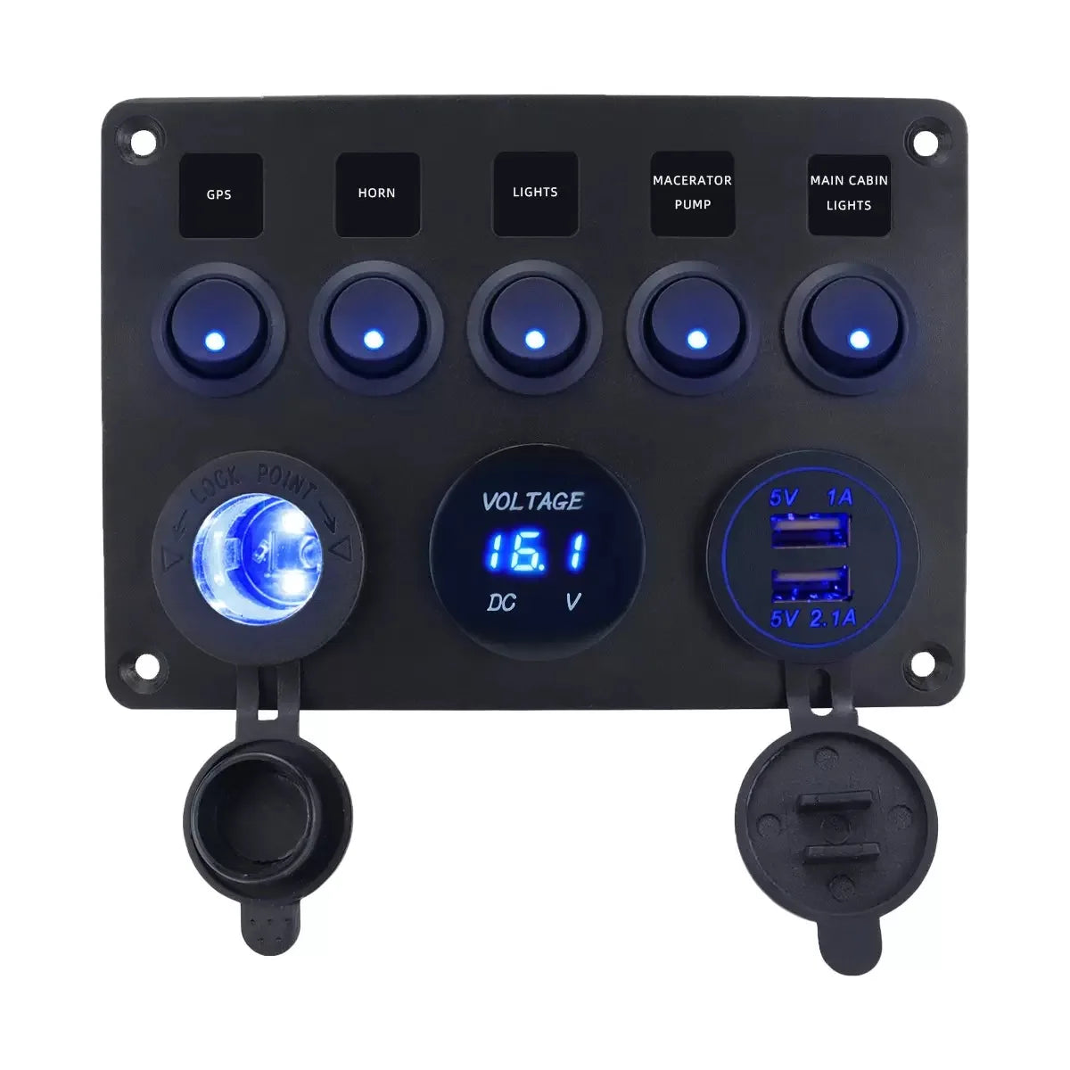 5-Gang Cat Eye Blue LED Switch Panel for Yacht & RV, Marine Boat Switch with USB & Cigarette Lighter