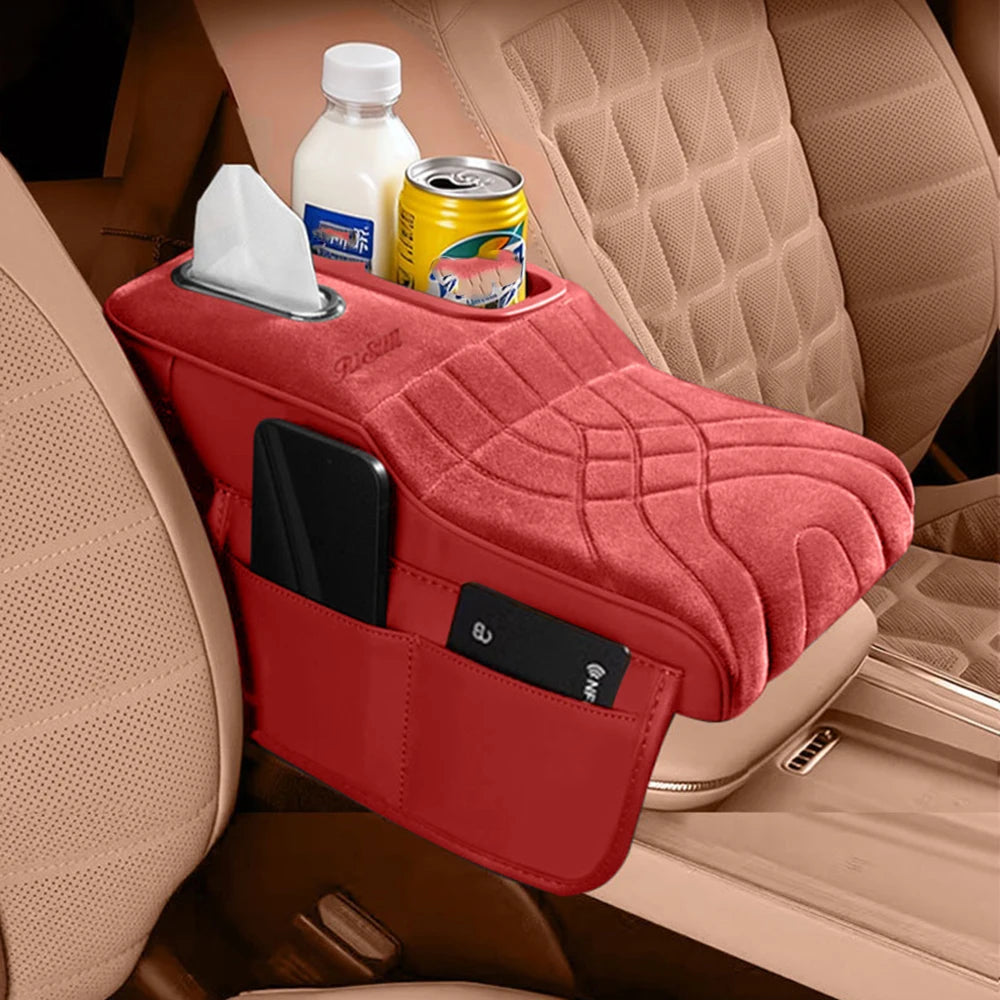 High-Low Style Suede fabric Car Armrest Box Cushion - an Armrest Cover with 2 Side Pockets, 2 Cup Holder,and 1 Tissue Box.