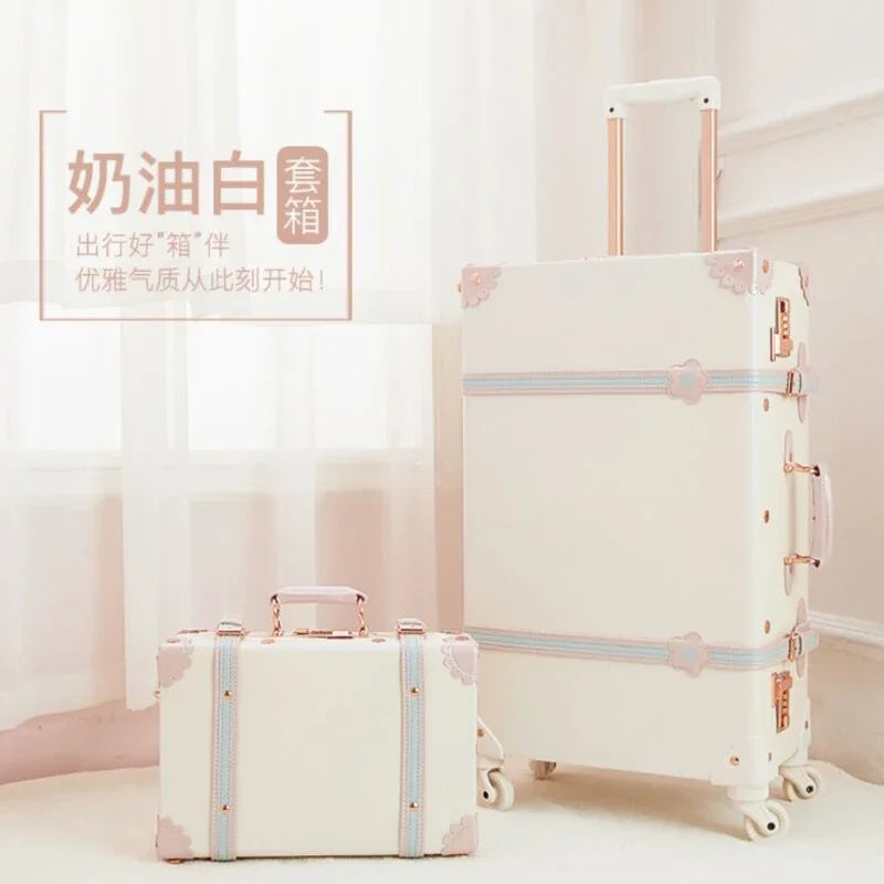 20 "22" 24 "26  Retro Travel Suitcase PU Leather Luggage Set With Wheels Rolling Trolley Case Pink Big Capacity Portable Valise