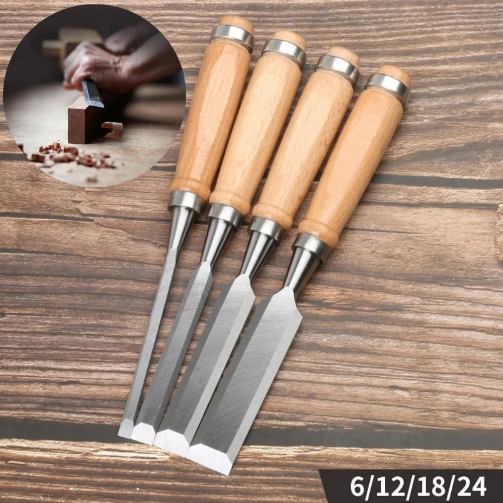 4Pcs Wood Carving Chisels Set Professional for Woodworking - 6/12/18/24mm Comfortable Beech Handle Wood Chisel with Wood Handles