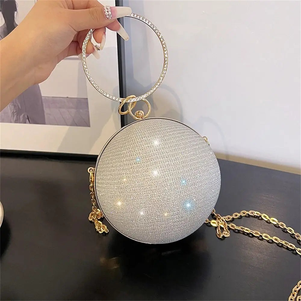 Luxury Circular Evening Bag Gold Bright Silk Rhinestone Decorative Chain Banquet Clutch Handbags Women Female