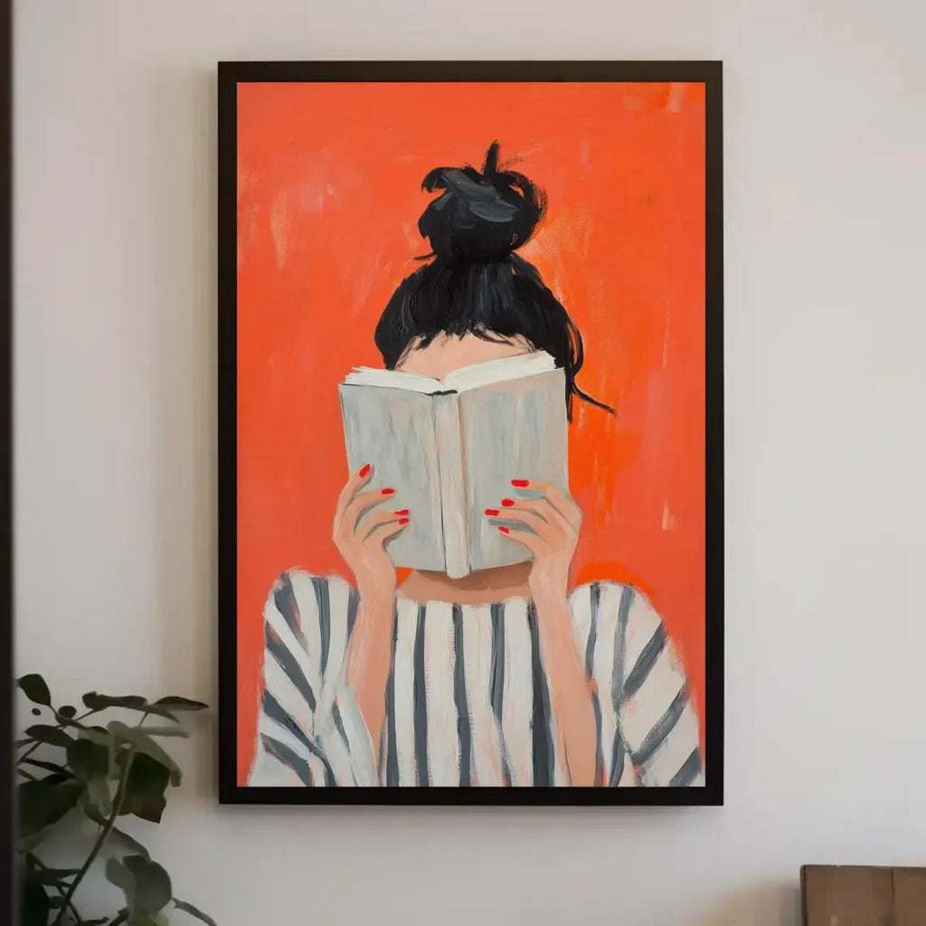 Reading Woman Art Print | Book Poster | Feminine Cozy Wall Art | Bold Orange Art Print | Abstract Contemporary Portrait Art