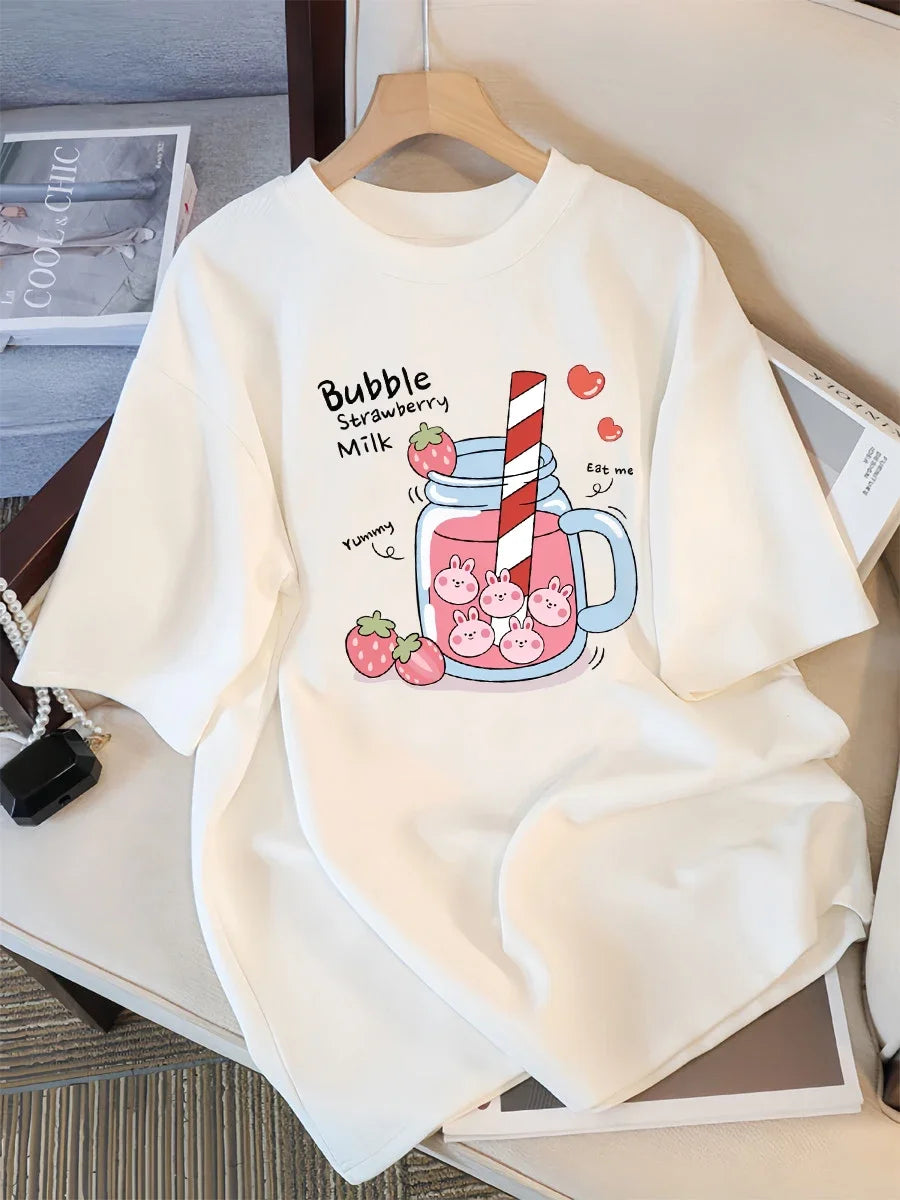 Plus Size Delicious Strawberry Drink Printed Women's T-shirt Summer Breathable Casual Sports Cool Short Sleeve Women Y2K Tops