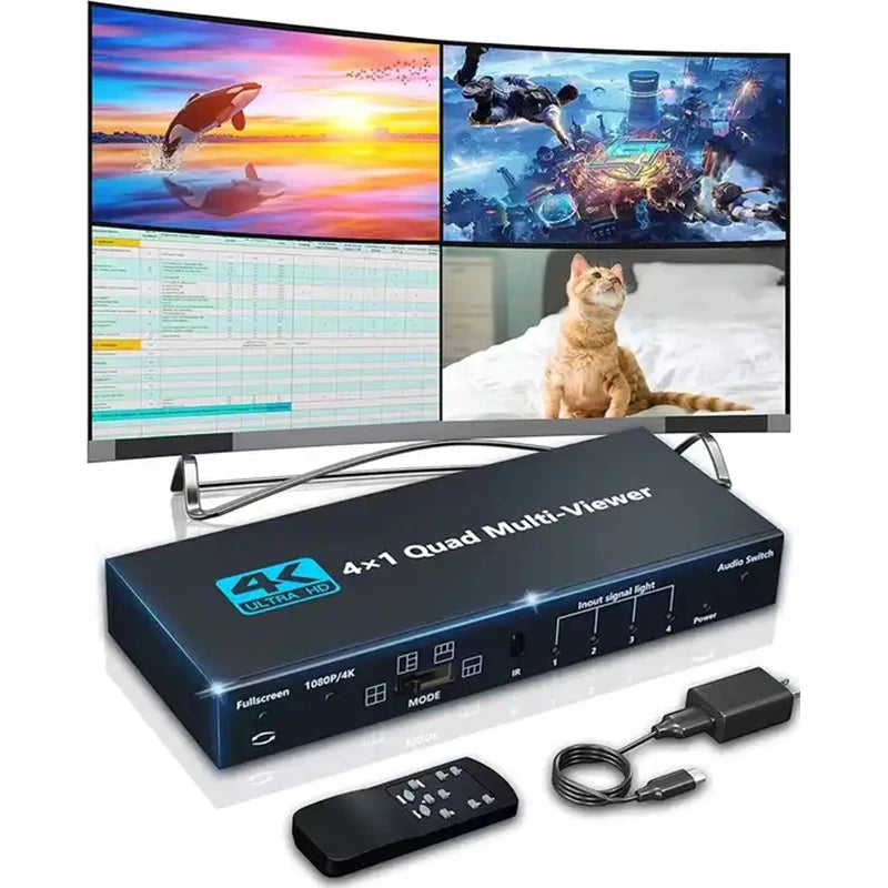 4K 4x1 9x1 HDMI Quad Multiviewer 4 9 Screen 9x1 Seamless Switch 9 In 1 out with Remote for Camera Monitor Switch Adapter