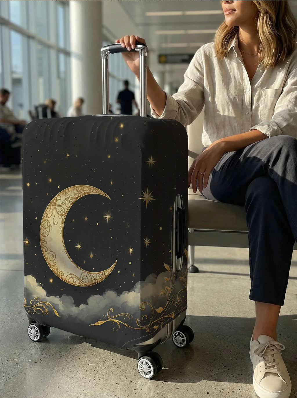 Black Gold Carved Moon Star Print Luggage Cover, Suitable for 18-32 Inch Luggage Cover, Luggage Handle Glove, Travel Accessories