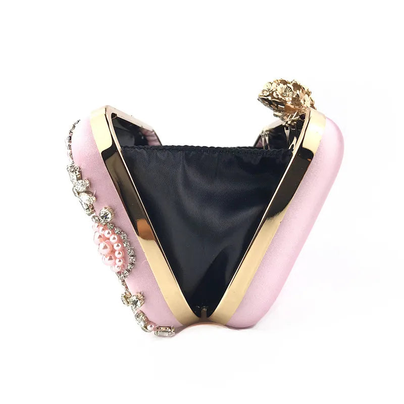 2025 Satin Vintage Women Party Evening Bags Metal Flower Luxury Diamonds Clutch Rhinestones Handbags Chain Shoulder Bag
