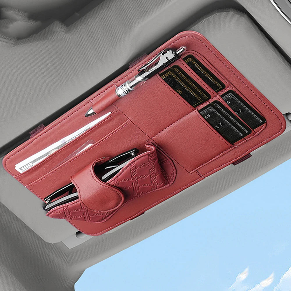 Car Sun Visor Glasses Holder Multi-Pocket Pouch Bag Storage Box Luxury PU Leather Eyeglasses Clip & Card Slots Car Interior