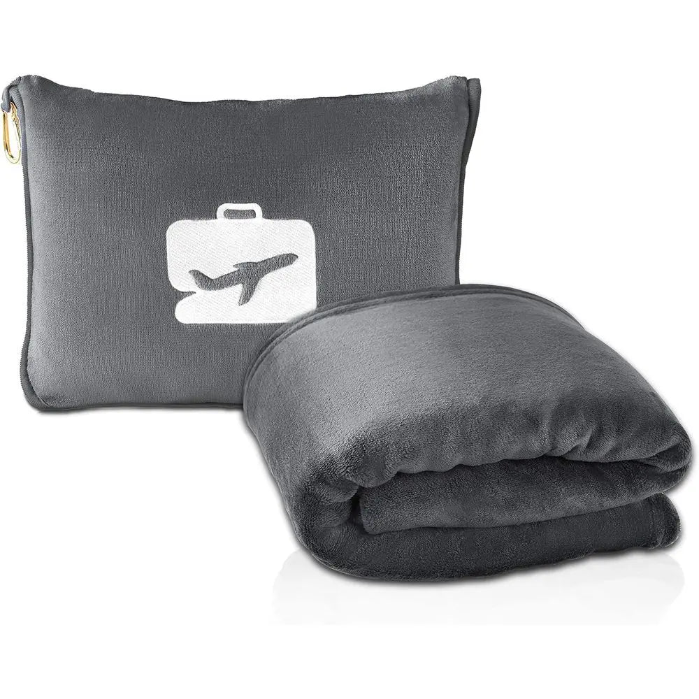 2-in-1 Travel Blanket and Pillow with Hand Sleeve and Backpack Clip, Grey