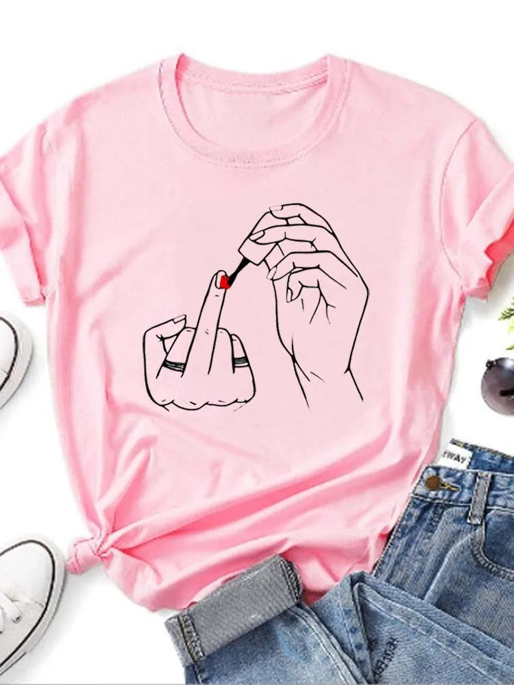 Summer Comfortable Soft Short Sleeve O-Neck Tops Casual Female Clothes Women Middle Finger Nail Polish Prints T Shirt