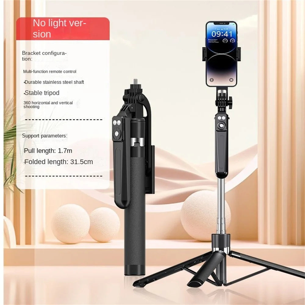 Roreta 360° Rotation 1.7M Selfie Stick Wireless Stand with Light Bluetooth Remote Extendable Tripod for iPhone Live Streaming