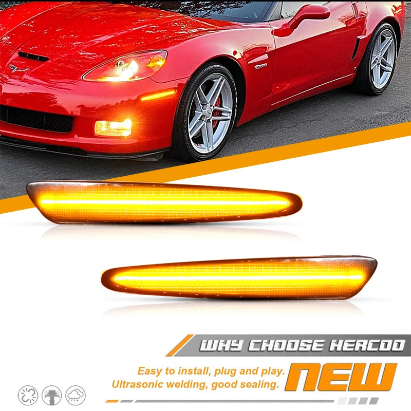 For Chevrolet Chevy Corvette C6 2005-2013 Full LED Side Marker Light Front Rear Amber Red Auto Turn Signal Lamp 12V
