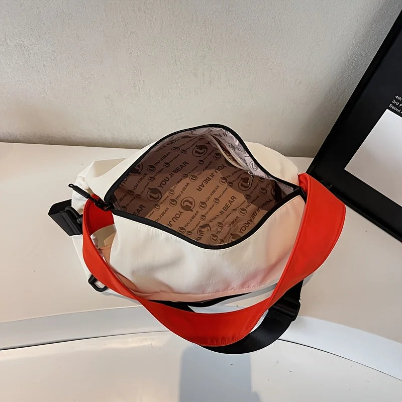 1pcs Beige Color Block Fabric Crossbody Bag Adjustable Wide Strap Light  Resistant Sports Bag Short Trip Storage Handbag