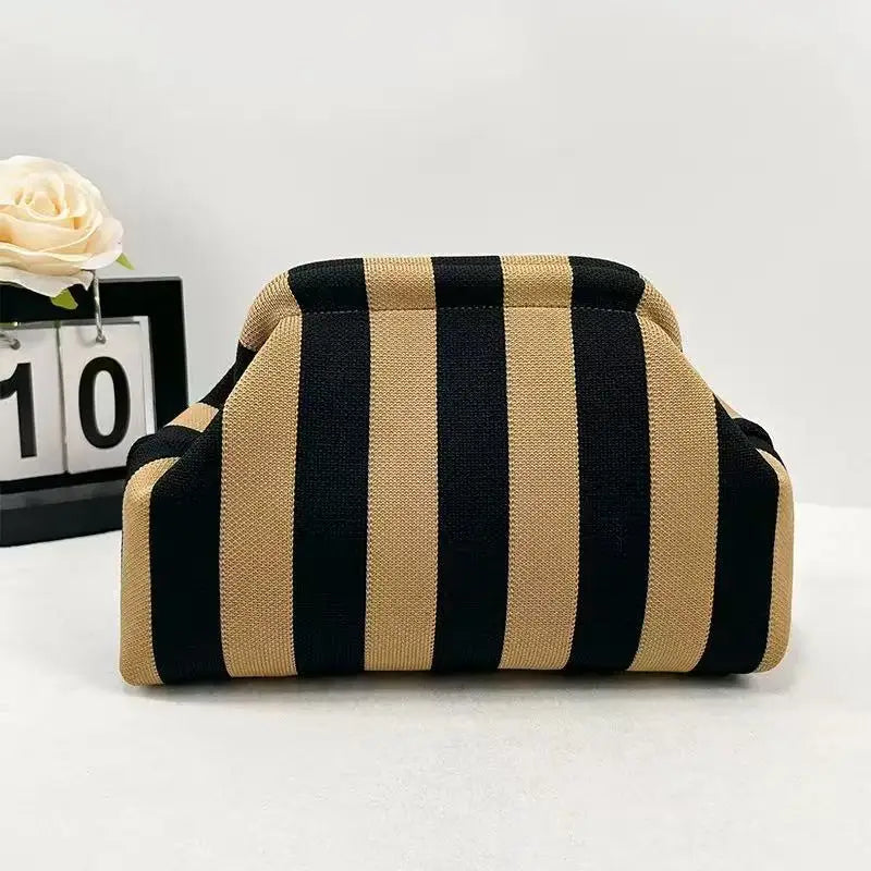New bright-colored knit bag, thin striped fly-knit cloud, versatile elegant portable makeup bag, large-capacity handbag