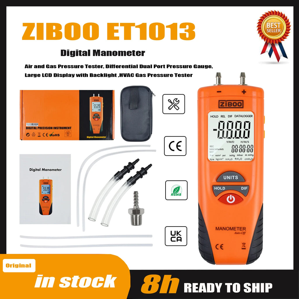 ZIBOO ET1015 Digital Manometer, Dual Port Differential Pressure Gauge, ±100 PSI Air and Gas Pressure Tester.