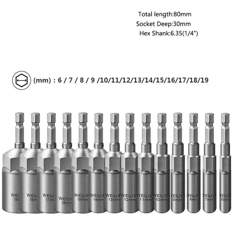 1Pcs 80mm Extra Deep Hex Nut Driver Bit Socket – 1/4" (6.35mm) Hex Shank, Metric 6mm-19mm for Impact Drill