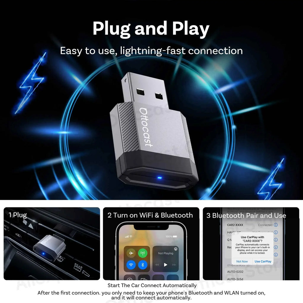 OTTOCAST Mini Nova Adapter 3.0 Wireless CarPlay Android Auto Bluetooth WiFi Car Accessories for Toyota VW Ford Chevrolet Hyundai