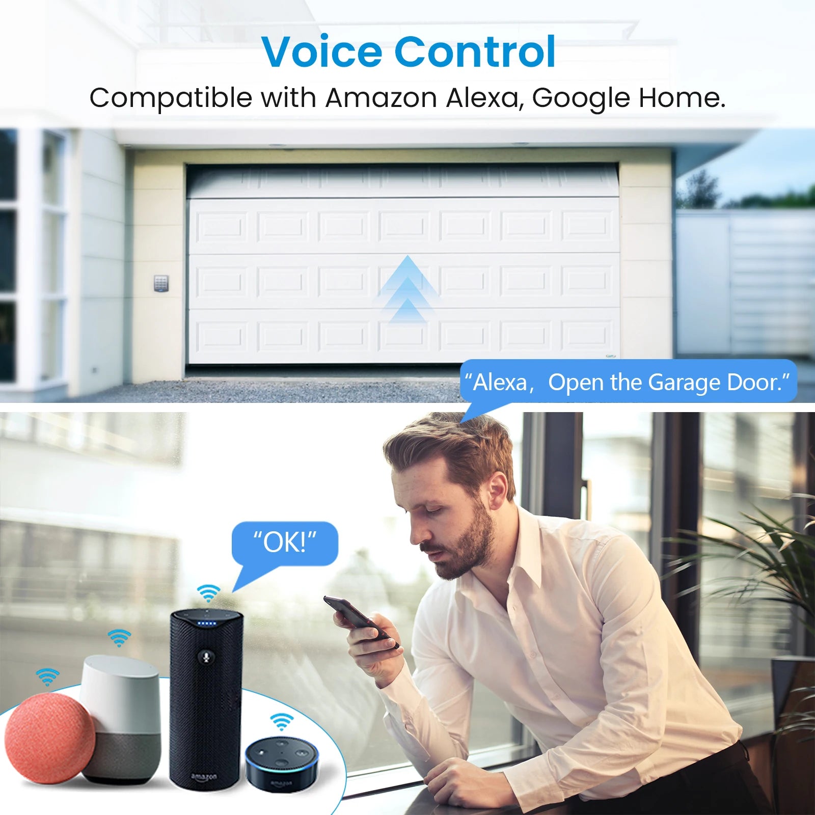 QCSMART Tuya Smart Life Garage Door Wireless Sensor Opener Controller Dry Contacts USB Charger Remote Control Google Home Alexa