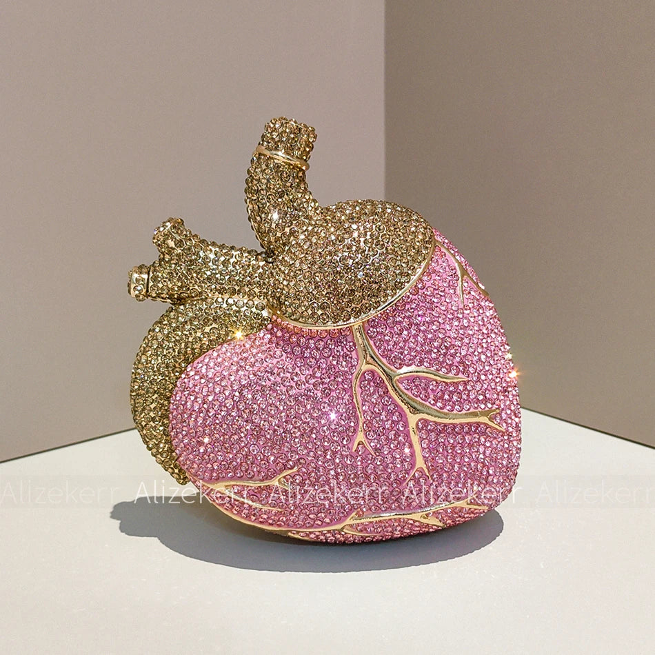 Alizekerr Heart Shaped Diamond Evening Bags Women 2026 Gorgeous Metallic Rhinestone Purses Ladies Unique Handbags Wedding Party