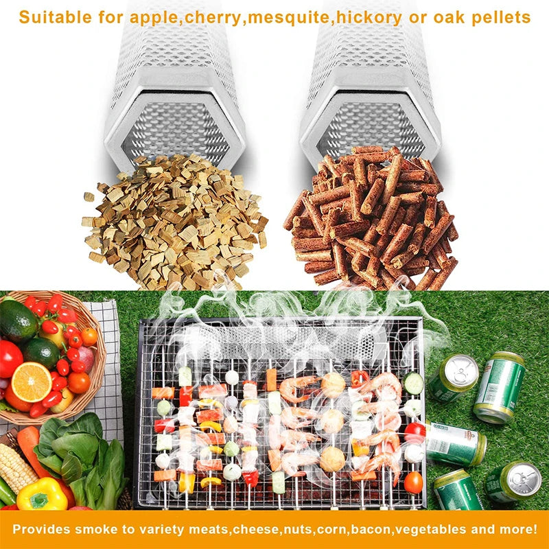 LMETJMA Hexagon Pellet Smoker Tube 12 inch Stainless Steel BBQ Wood Pellet Tube Smoker for Cold/Hot Smoking 5 Hours JT185