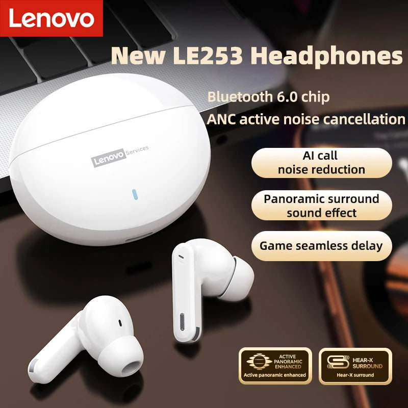 Lenovo New LE253 Earphones TWS Wireless Bluetooth 6.0 Headphones HiFi Sound ANC Noise Reduction Game Sports Headset With Mic